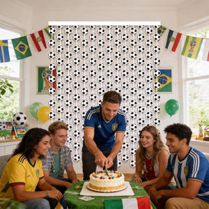 Dettaglio della tenda da calcio con perline a pallone bianche e nere per decorazioni festa