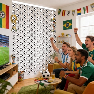 Tenda a frange a tema calcio per decorazione feste Mondiali con perline bianche e nere