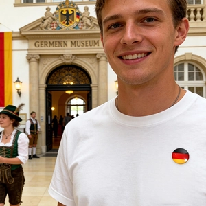 Detail van een 25 mm ronde glazen badge met Duitse vlag gepind op een wit t-shirt voor fans