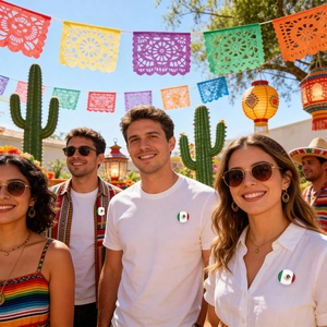 25mm Mexico vlag glazen speldje getoond op kleding in een feestelijke buitenomgeving