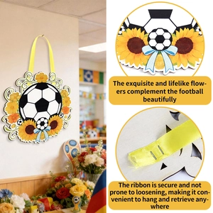 Detail of vibrant sunflower soccer wood plaque with secure hanging rope for world cup decor