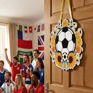 Detail of soccer themed wooden door hanger with sunflower and bow on a textured door