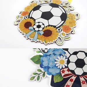 Detail of soccer wood sign with sunflower decor and high-quality UV printing texture
