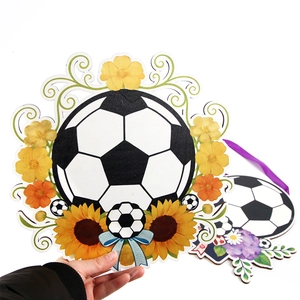 Detailed view of world cup football wooden door hanger with sunflowers and blue bow