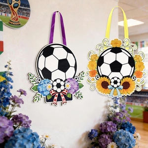 Soccer party door signs with colorful ribbons and floral decor for World Cup decorations