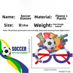 Detail view showing dimensions and materials of soccer party glasses with felt ornaments