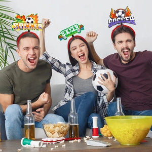Fans wearing soccer party headbands for World Cup celebration in a home viewing scene