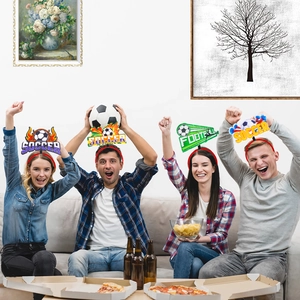 Group of fans wearing soccer themed headbands at a world cup watch party event
