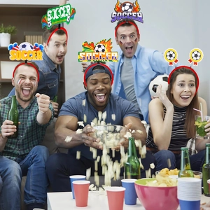 Diverse soccer fans wearing colorful football theme headbands at a World Cup party