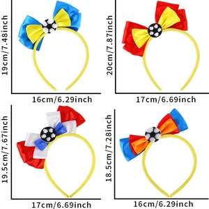 Soccer bow headbands in multi-national flag colors with size details for football fans