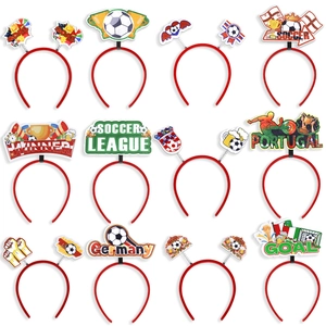 Set of 12 soccer theme headbands with football, trophy, and flag motifs for party fans