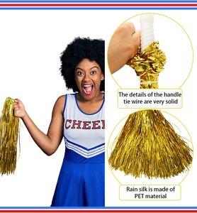 Macro detail of high-density gold PET cheerleading pom-pom with secure handle design