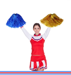 Detailed view of red and white cheerleader uniform set with shiny blue and gold pom poms