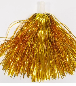 Detail of metallic gold cheerleading pom-poms with dense streamers and white plastic handle