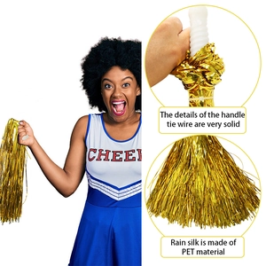 Cheerleading outfit with blue white dress and metallic gold PET pom poms set