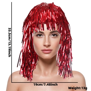 Detailed view of red tinsel wig showing size 33.5x19cm and ultra-light 13g weight