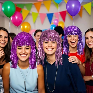 Group of women wearing colorful metallic PET tinsel wigs at a festive party with balloons
