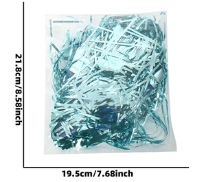 Detailed size specifications for blue metallic tinsel wig showing 21.8cm x 19.5cm dimensions