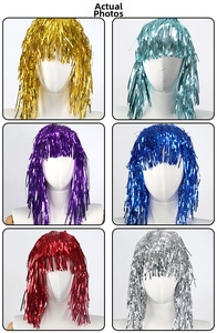 Close-up of metallic tinsel party wigs in six colors for festival costumes and cosplay