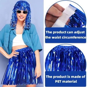 Blue PET foil grass skirt and wig set with adjustable velcro waistband for party performance