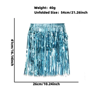 Detailed dimensions of blue metallic fringe skirt with weight and size measurements