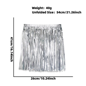 Silver metallic tinsel skirt for cheerleading and parties, size 41cm x 54cm, weight 40g