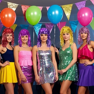 Colorful metallic tinsel party wigs in various vibrant colors for festive costume events