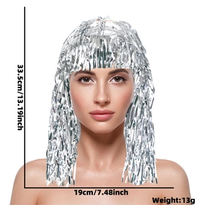 Silver PET tinsel wig for party decor with dimensions of 33.5cm length and 19cm width