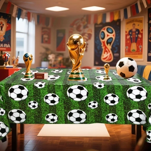Close-up of disposable PE football tablecloth with green grass and soccer ball pattern