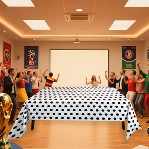 Macro view of a rectangular football theme disposable tablecloth on a large party table