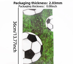 Detailed size chart of football tablecloth showing 2.03mm thickness and soccer field pattern