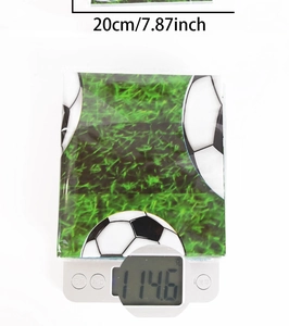 Detailed view of World Cup themed soccer tablecloth with weight and size measurements