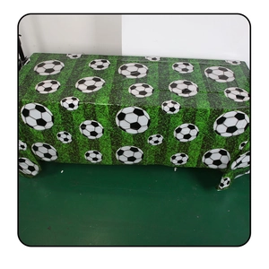Close-up of waterproof football grass field tablecloth with soccer patterns for parties