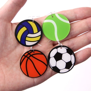Acrylic sports earrings set featuring basketball football volleyball and tennis ball designs