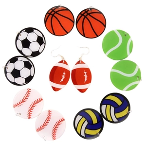Set of 6 pairs sports themed acrylic dangle earrings including soccer basketball and baseball