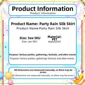 Size specifications and material details for the 40cm PET party rain silk tassel skirt