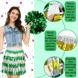 Colorful metallic cheerleader tassel skirt set with green and gold pom poms