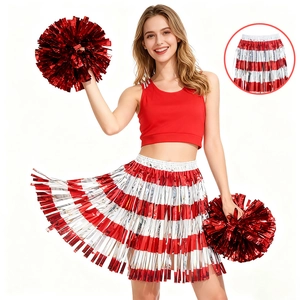 Red cheerleader outfit with metallic fringe skirt and pom-poms for party decoration