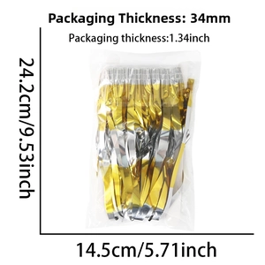 Macro view of gold and silver metallic fringe curtain packaging with precise dimensions