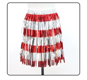 Close-up of red and silver metallic tinsel fringe skirt with white elastic waistband