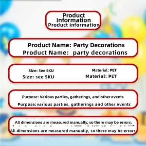 Detail card showing PET material specifications and usage for party decorations