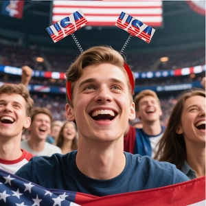 Smiling woman wearing USA flag headband with spring-loaded letters in a stadium