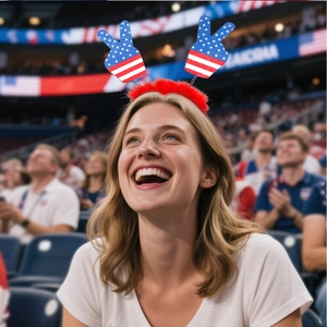 Smiling woman wearing USA flag headband with sequined hand gestures at stadium
