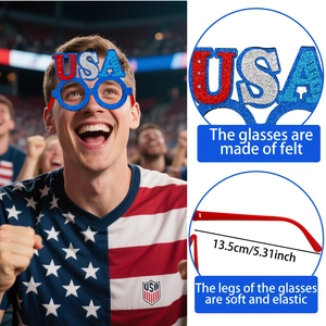 Detail of USA glitter felt glasses showing 13.5cm temple length and flexible material