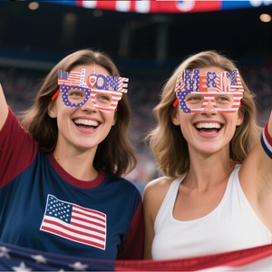 Detail of USA World Cup fan glasses with blue, white and red stars and stripes patterns