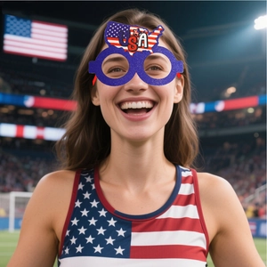 Close-up of USA flag themed party glasses with red white and blue design on a model