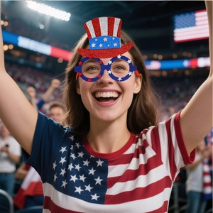 Close-up of Uncle Sam party glasses with glitter top hat for USA soccer fan cheering