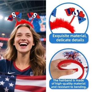 USA flag feather headband for World Cup fans with flexible red glitter heart letters