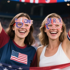 Red white blue USA flag party glasses with Welcome America text for sports fans
