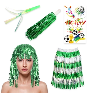 Accessoires Costume Cheerleader Fan Football Vert Métallique Perruque Pom Poms Jupe Franges Sifflet Tatouage Fête Accessoire